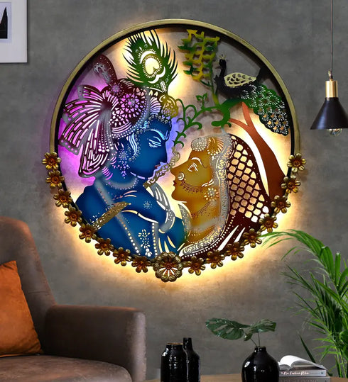 Beautiful Radha Krishna in circular Frame Metal Wall Art with led