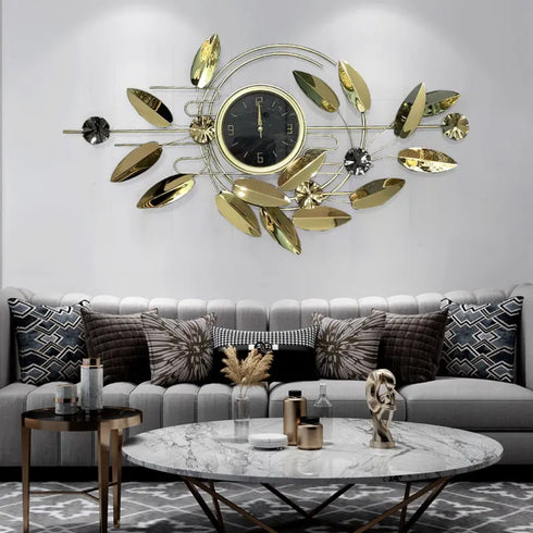 Golden leaf with semi circle wall clock with black dial