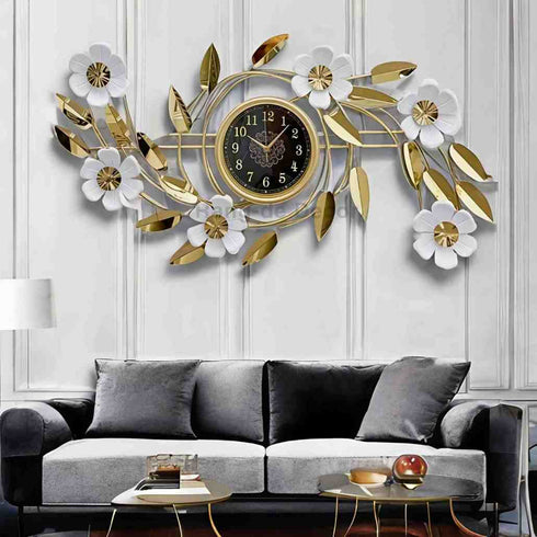 White floral wall clock with black dial