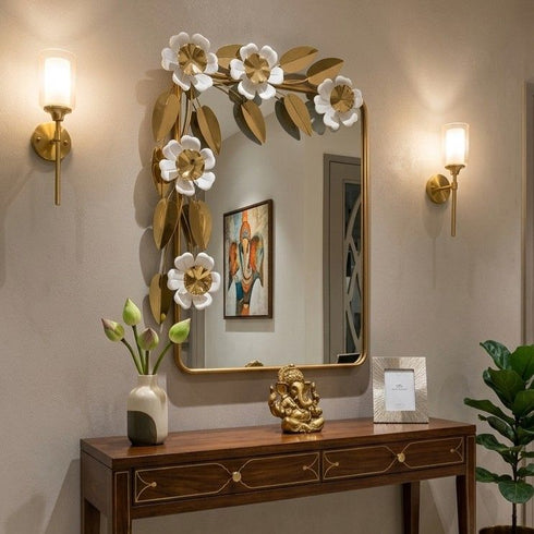 White flower with golden leafs wall mirror
