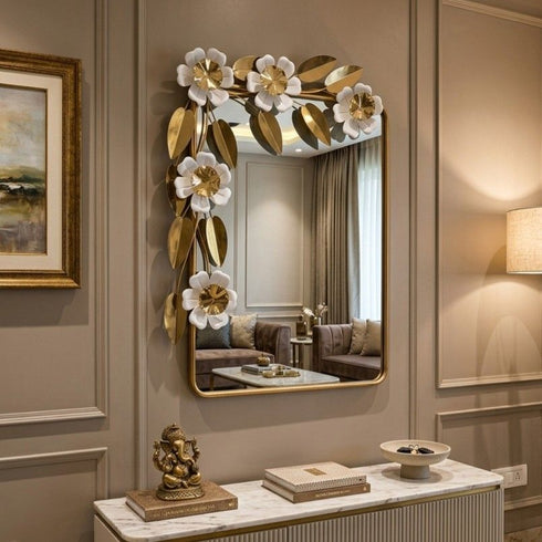White flower with golden leafs wall mirror