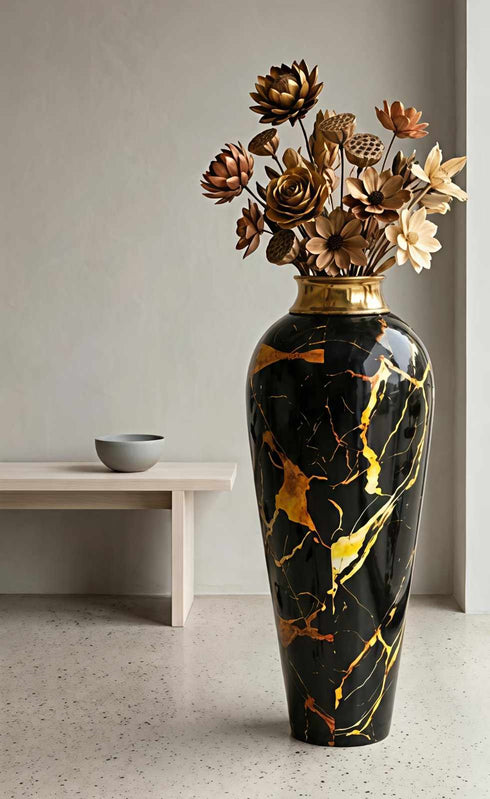 Black and Gold Marble Finish Metal Vase