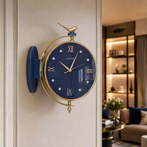 Blue and golden Dual Dial Station Clock in numeric numerals