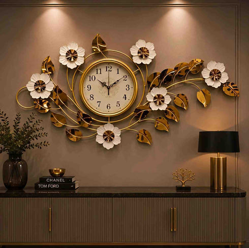 Golden leafy metal wall clock with white dial- Style 2
