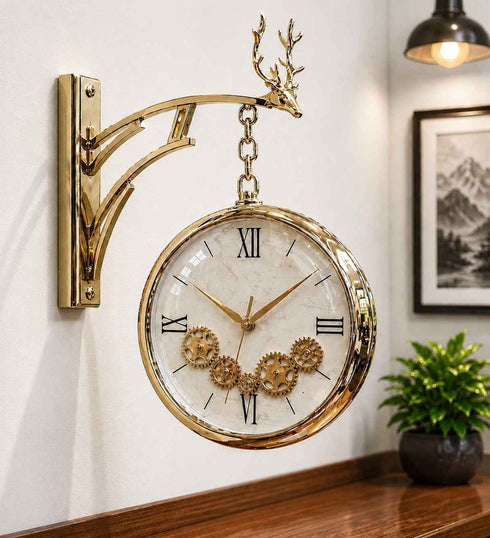 Golden Dual Dial Station Clock with Moving Gear