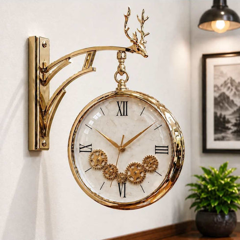 Golden Dual Dial Station Clock with Moving Gear