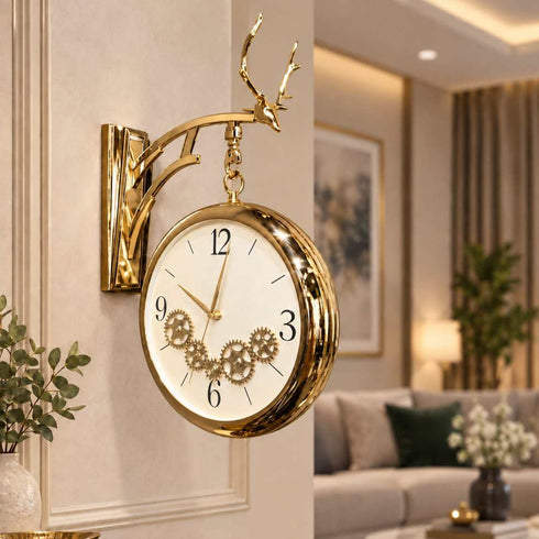 Golden Dual Dial Station Clock with Moving Gear