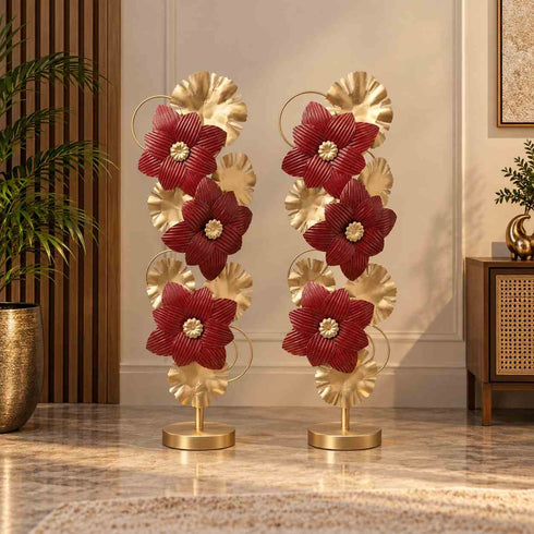 Red Flower Metal Floor Decor- Set of 2