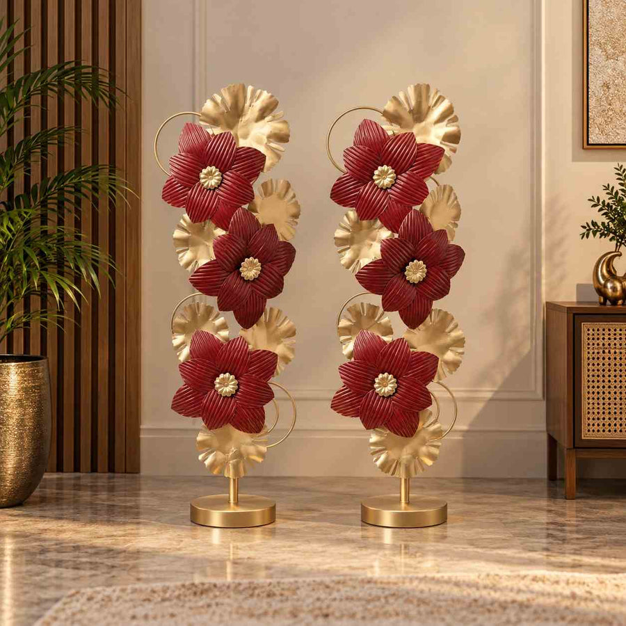Red Flower Metal Floor Decor- Set of 2