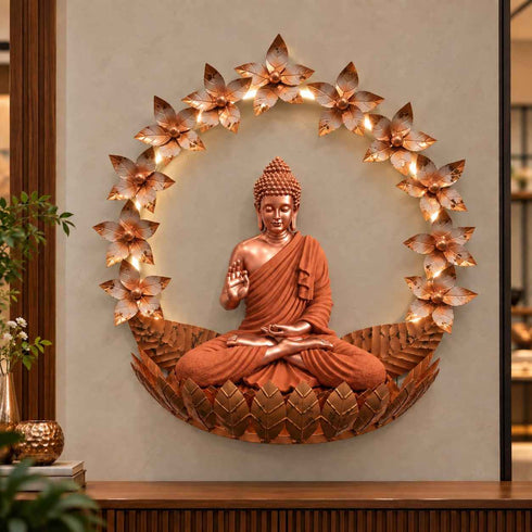 Flower wall art with buddha with led - Rose Gold