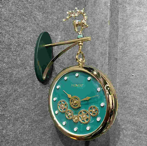 Dual Dial Station Clock with Moving Gear- with Deer