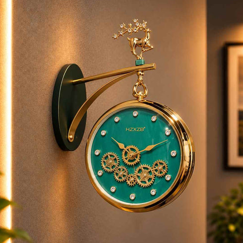 Dual Dial Station Clock with Moving Gear- with Deer