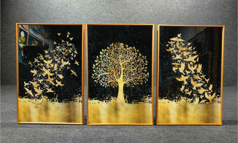 Golden Tree with Butterfly Crystal Painting- Set of 3