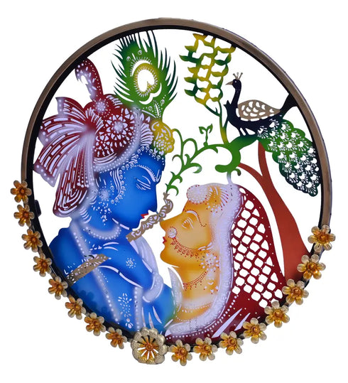 Beautiful Radha Krishna in circular Frame Metal Wall Art with led