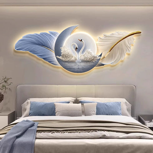 Swan with Blue Feather crystal wall art with LED