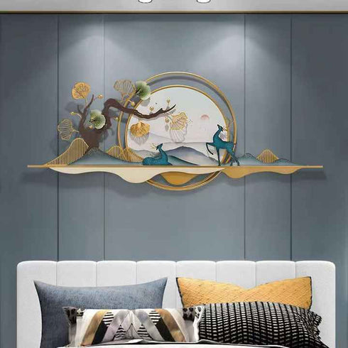 Reindeer with landscape metal wall art with led