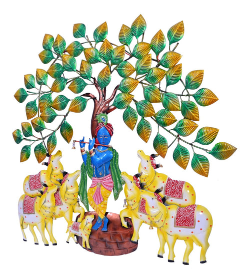 Krishna with 7 cows under tree wall art with led