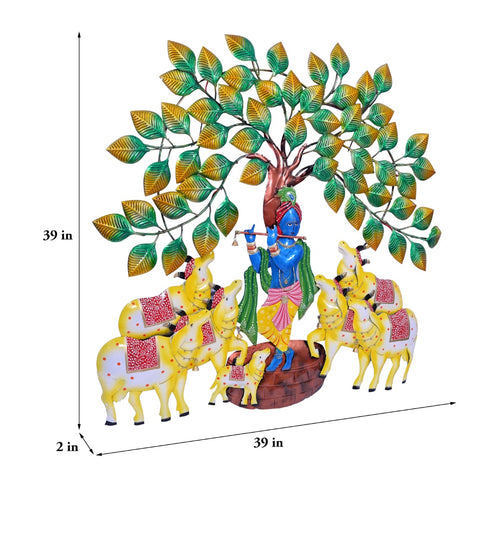 Krishna with 7 cows under tree wall art with led