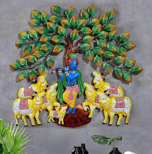 Krishna with 7 cows under tree wall art with led