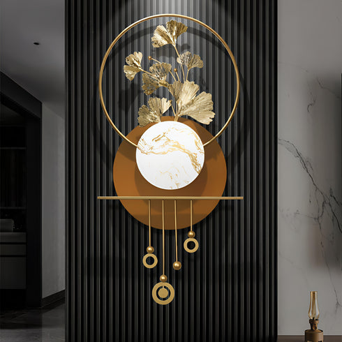 Vertical Ginko leaf in circle Metal Wall Art