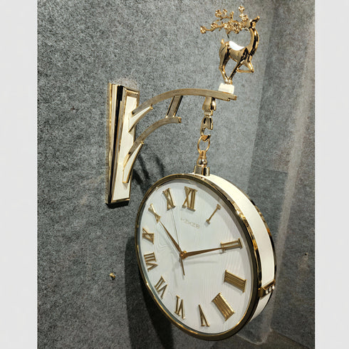 White and golden Dual Dial Station Clock in Roman numerals