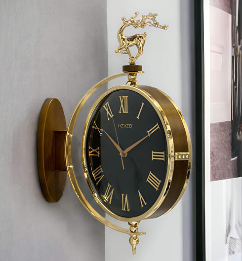 Brown and golden Dual Dial Station Clock in Roman numerals