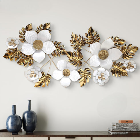 White flowers with golden leaf metal wall art