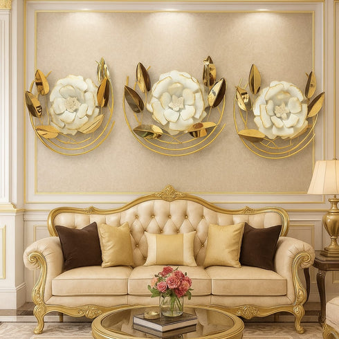 White flower with golden semi Circle metal wall art - set of 3