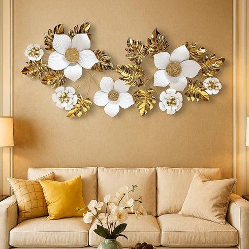 White flowers with golden leaf metal wall art