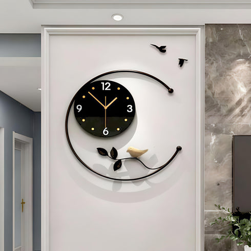 Black Leaf with Golden Bird metal wall clock