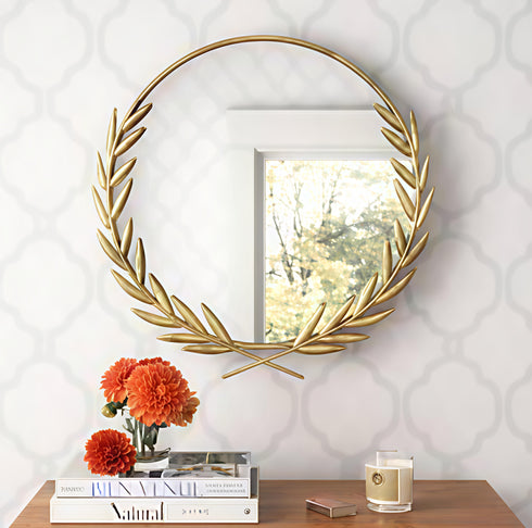 Leafy steam golden Round Wall Mirror
