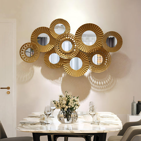 Golden circular Metal Wall Art with mirrors