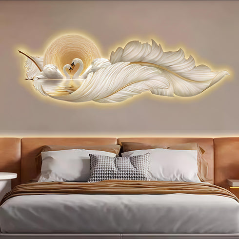 Pair of swan with Feather crystal wall art with LED