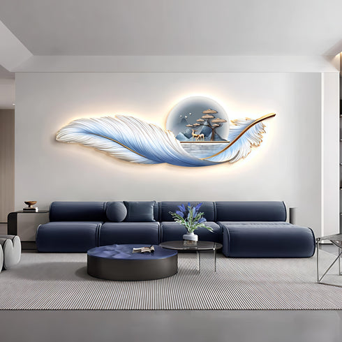 Modern Blue Feather Wall Painting with LED