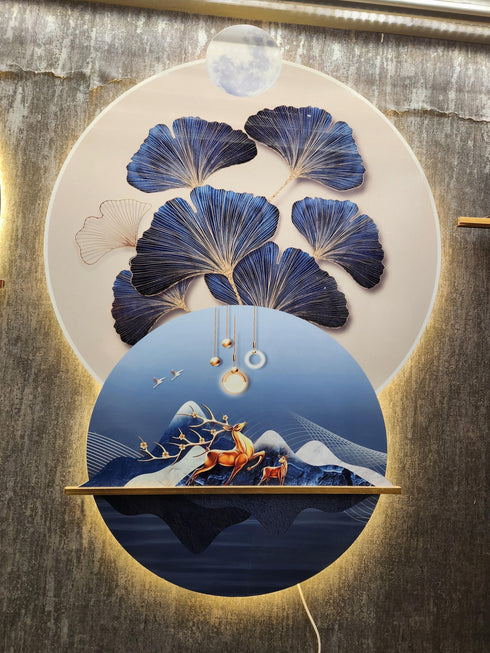 Blue leafs with deer Wall Painting with LED