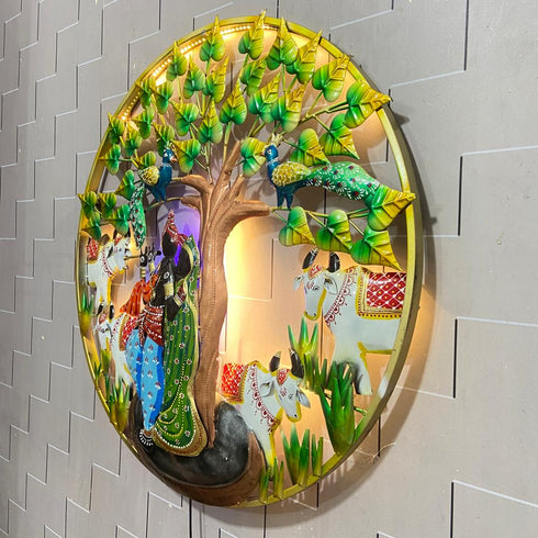 Radha Krishna with cows circular Frame Metal Wall Art with led