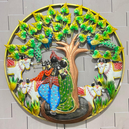 Radha Krishna with cows circular Frame Metal Wall Art with led