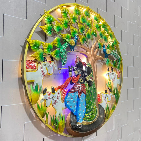 Radha Krishna with cows circular Frame Metal Wall Art with led