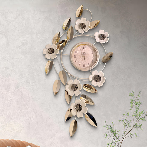 Vertical White floral wall clock with white dial
