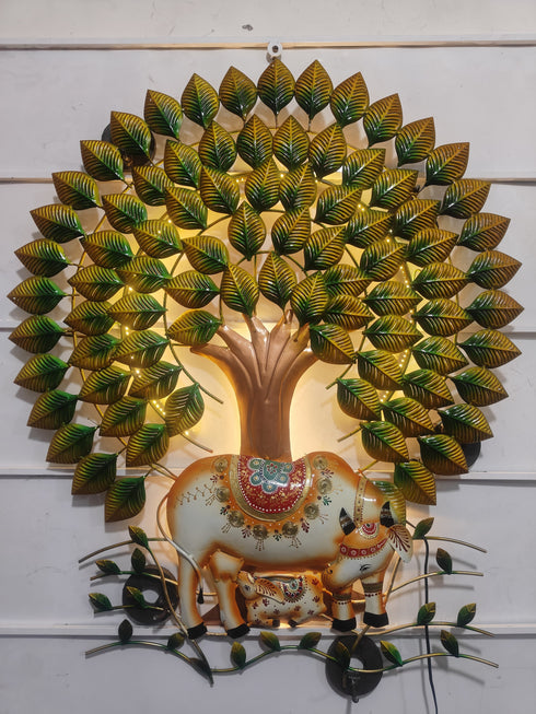 Kamdhenu cows under tree wall art with led