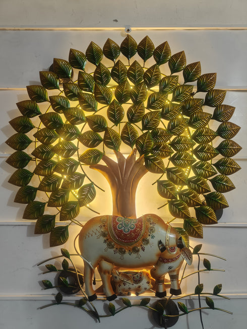 Kamdhenu cows under tree wall art with led