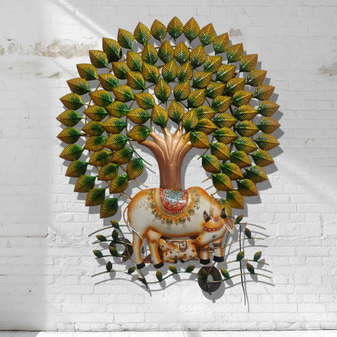 Kamdhenu cows under tree wall art with led