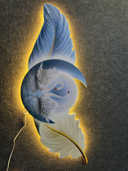 Swan with Blue Feather crystal wall art with LED