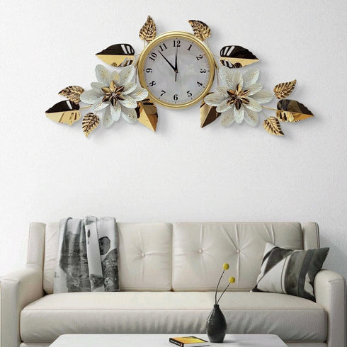 White flower metal wall clock with white dial