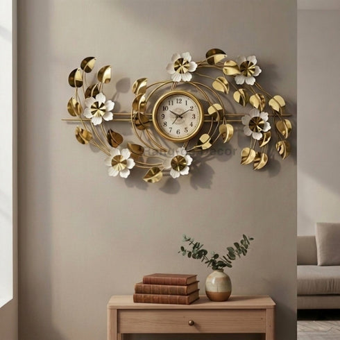 Golden leafs with White floral wall clock with white dial