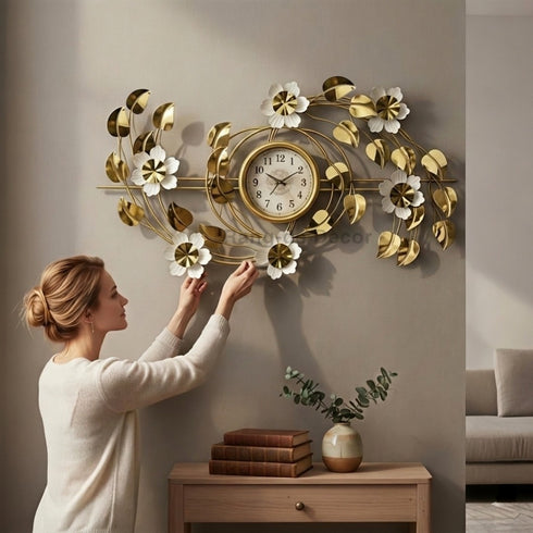 Golden leafs with White floral wall clock with white dial