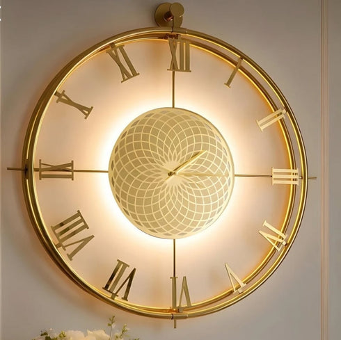 Luxury LED Backlit Wall Clock - 24 Inch Gold Skeleton Clock with Roman Numerals & Geometric Mandala Center