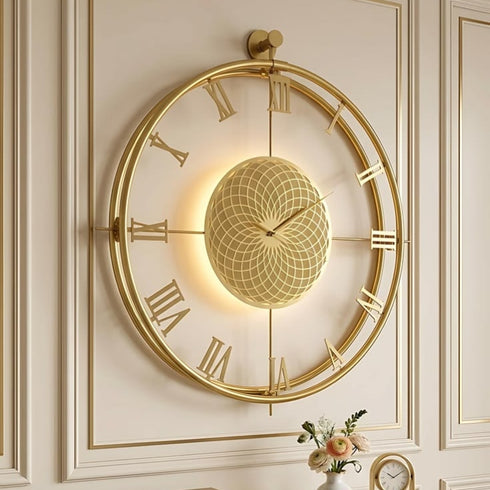 Luxury LED Backlit Wall Clock - 24 Inch Gold Skeleton Clock with Roman Numerals & Geometric Mandala Center