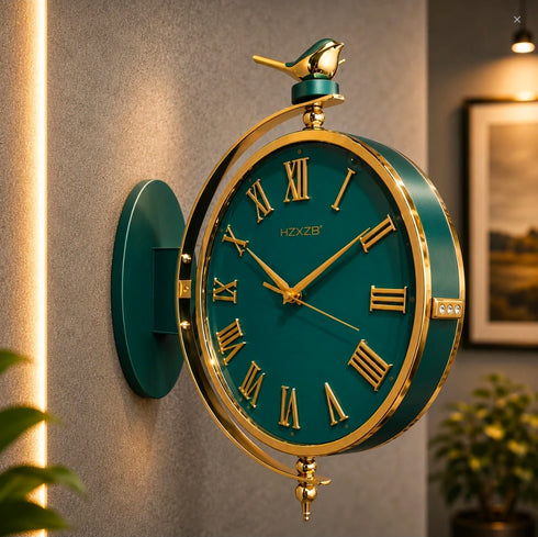 Green and golden Dual Dial Station Clock in numeric numerals