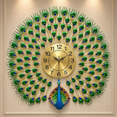 Peacock with feather Wall Clock with blue crystal